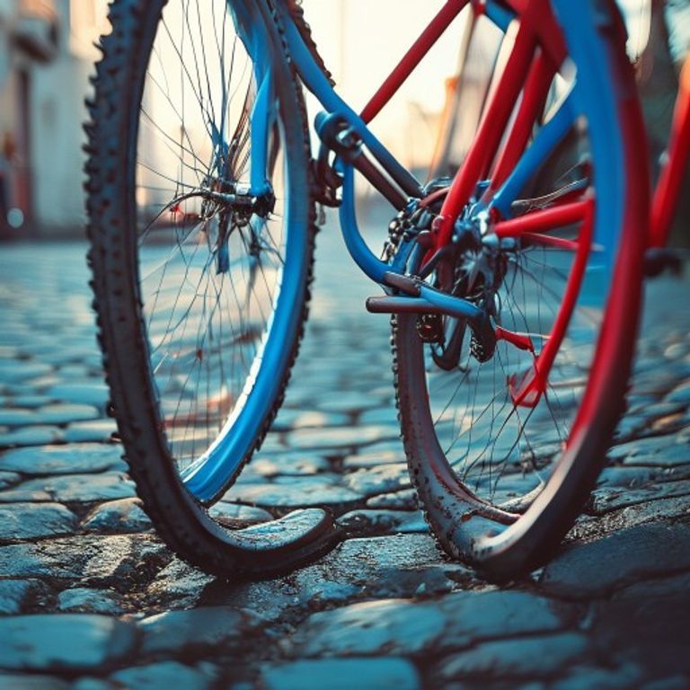 Close view of bicycle wheels on a cobblestone street in morning light